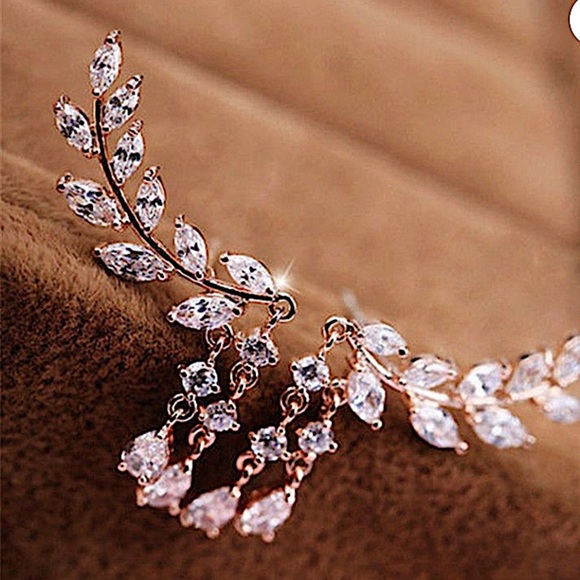Gold Zircon Leaf Tassel Ear Climber Crystal Rhinestone Earrings - Picture 5 of 10